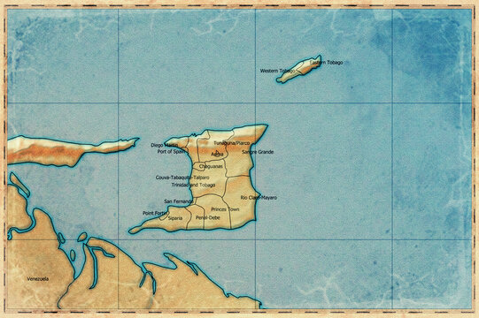Vintage Map Of Trinidad and Tobago With Regions On Retro Paper Background