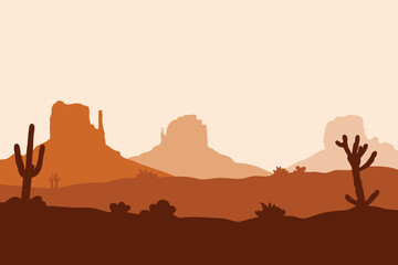 Naklejka premium Desert landscape with silhouetted cacti and rock formations