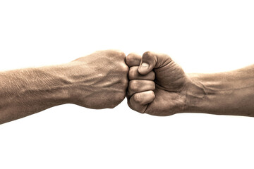 Teamwork, friendship, partnership. Bumping fists together. Fist Bump. Clash of two fists. Man...