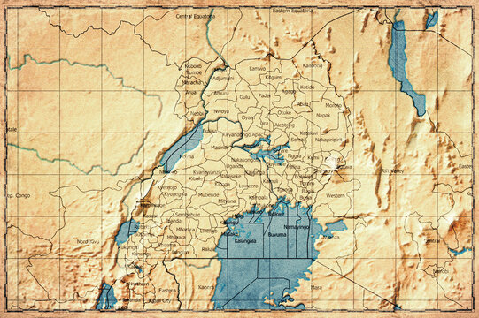 Vintage Map Of Uganda With Regions On Retro Paper Background