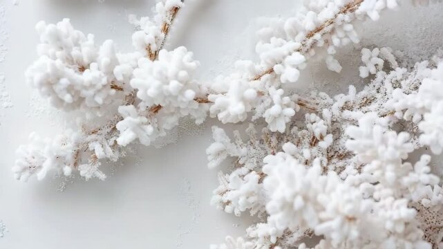 Snow covers branches in a winter landscape. The cold fills the air as the white blanket changes the view of the trees and ground. Nature shows its beauty in winter