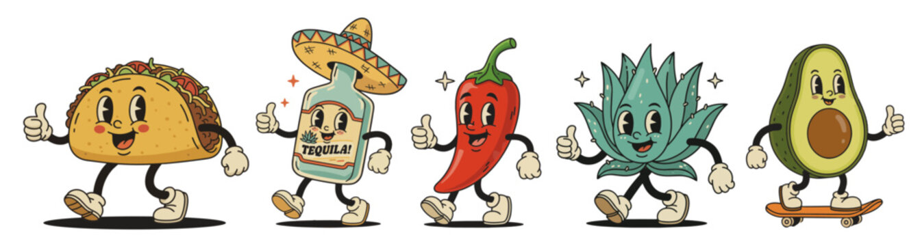 Cinco de Mayo vintage mascot characters set featuring Mexican food and culture icons in retro cartoon style