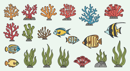 Colorful fish and coral sea creatures. © MUHRODIN