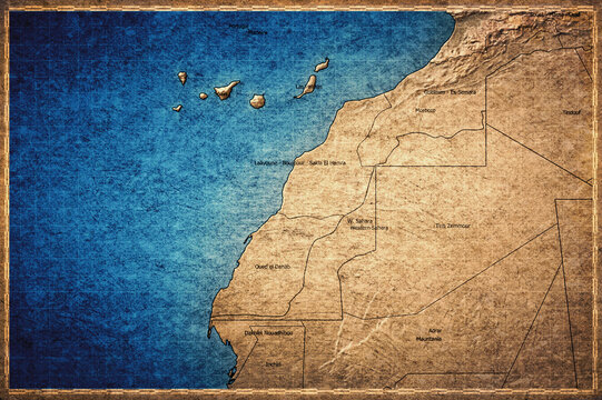 Vintage Map Of Western Sahara With Administrative Regions On Retro Paper Background