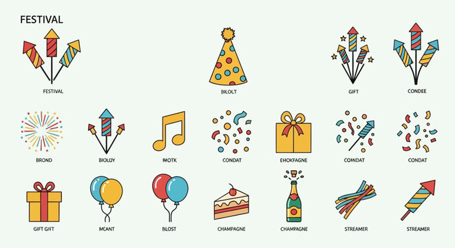 Colorful festival icons and symbols.