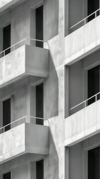 Different views of concrete buildings with graphite features. It highlights balconies and window designs in a city area. The focus is on structure and composition