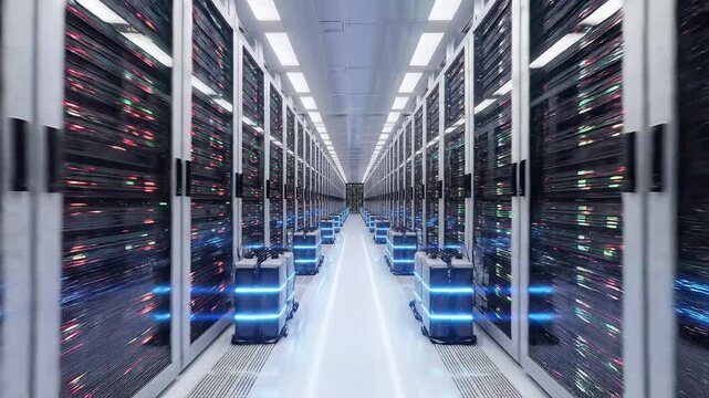 Data center server rack interior perspective digital technology concept