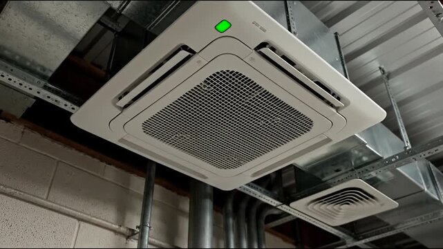 Ceiling cassette air conditioning with ventilation parts concept. Commercial industrial ceiling air conditioning ventilation system with metal pipes and ducts