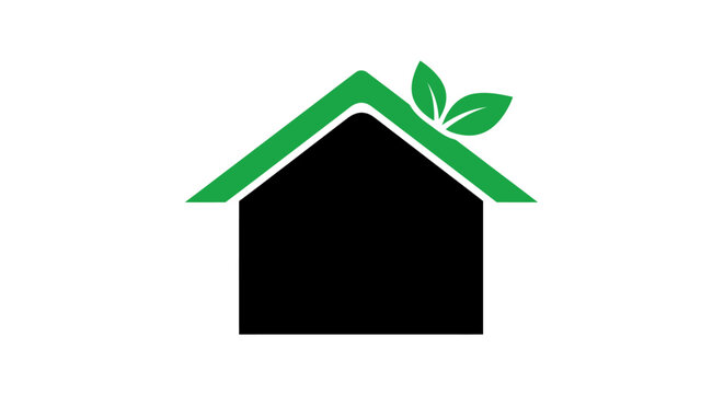 Eco-friendly house logo featuring green roof and leaves, representing sustainable living