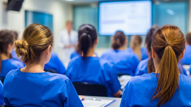 A group of medical students or nurses in blue medical uniforms is sitting with their backs to the camera, listening to a lecture in the classroom.