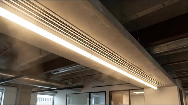 Ceiling cassette air conditioning with ventilation parts concept. Modern office air conditioning system with visible mist and industrial ceiling design