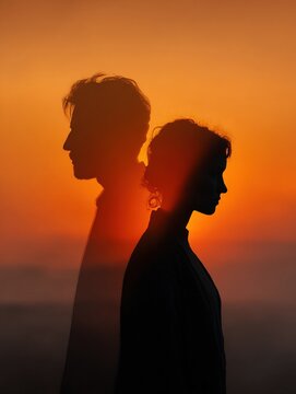 Melancholy couple silhouettes in a double exposure sunset