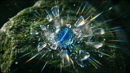 Fototapeta premium Macro photography of a shattered crystal ball revealing a vibrant blue marble within, surrounded by mossy rocks and refracted light