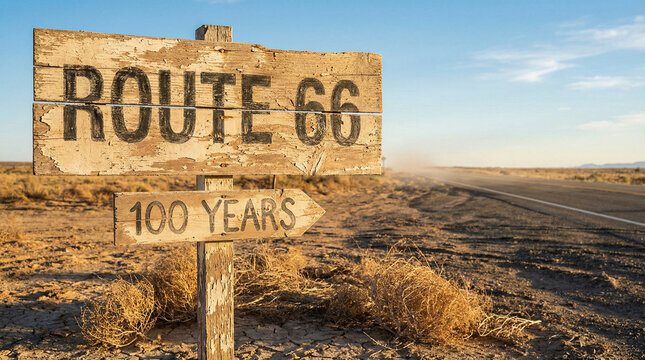Rustic wooden Route 66 sign and 100 years arrow in a dry desert landscape. Close up of a historic American highway landmark next to a paved road under a clear blue sky