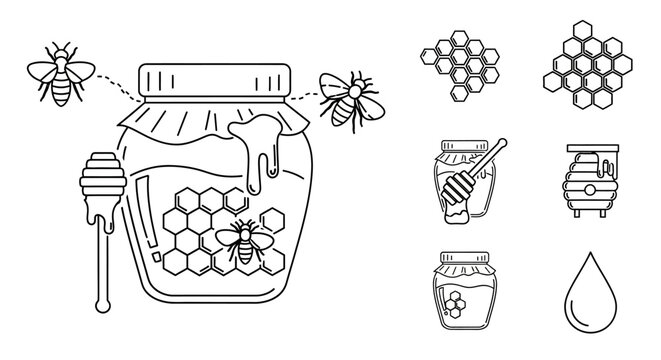 Honey bees and honey jar illustration.