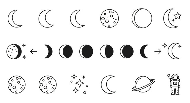 Moon phases and space icons.