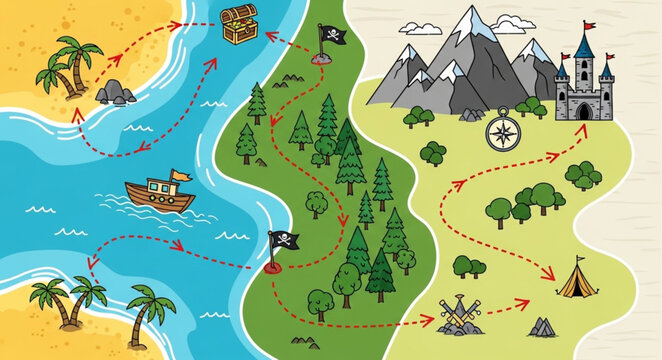Colorful Pirate Treasure Map with Landmarks and Adventure Route.