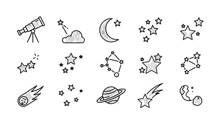 Black and white star and planet icons. © fadil
