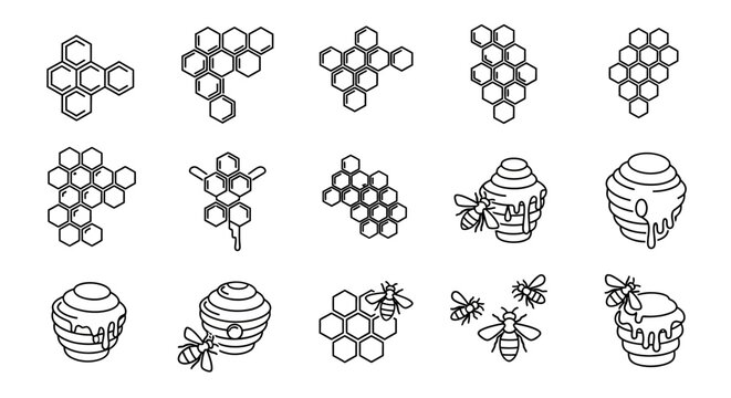 Black and white honeycomb illustrations set.