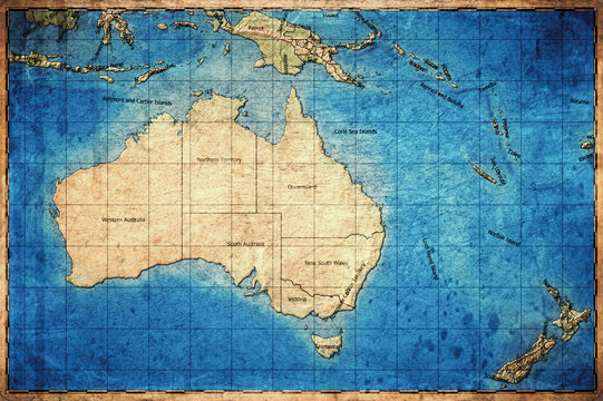 Vintage Map Of Oceania On Retro Paper Background
