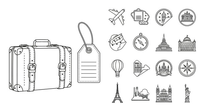 Travel icons with suitcase and landmarks.