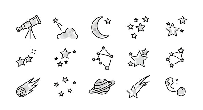 Black and white star and planet icons.