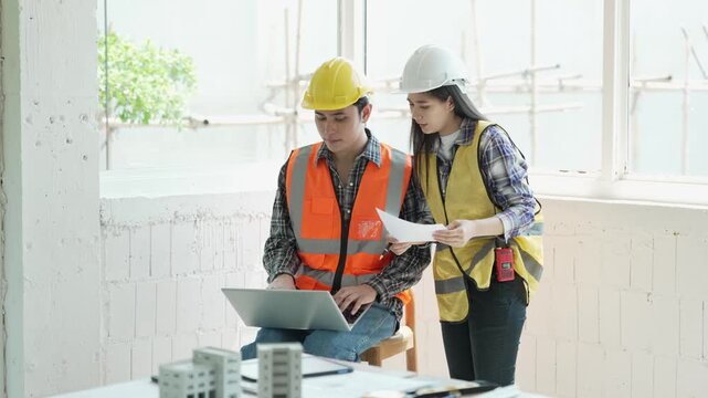 Engineers, architects, and technicians are analyzing structural design drafts in meetings with tabletop blueprints and discussing the project collaboratively in office meetings.