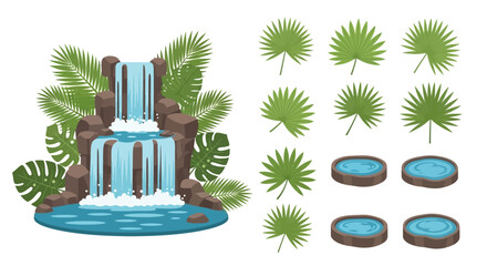 Waterfall with tropical leaves and plants. © gundul