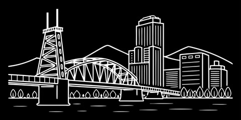 Fototapeta premium USA, US, U.S, United States - Minimal Portland Oregon Skyline with Bridge – Clean Simple Line Art SVG Vector Design | USA US U.S United States City Outline Illustration