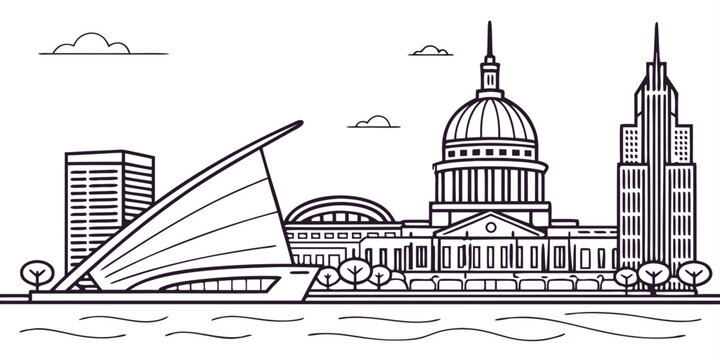 USA, US, U.S, United States - Minimal Milwaukee Wisconsin Skyline with Lake Michigan &ndash; Clean Simple Line Art SVG Vector Shapes Design | USA US U.S United States City Outline Illustration