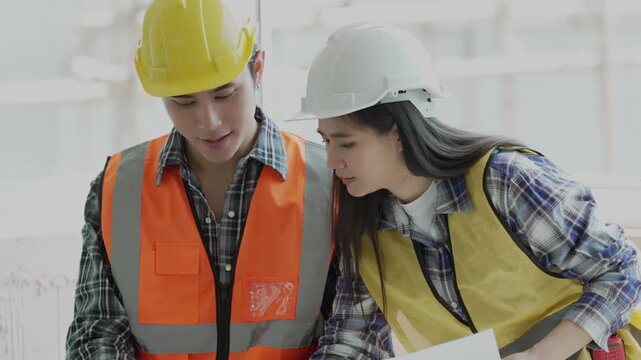 Engineers, architects, and technicians are analyzing structural design drafts in meetings with tabletop blueprints and discussing the project collaboratively in office meetings.