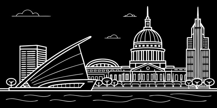 USA, US, U.S, United States - Minimal Milwaukee Wisconsin Skyline with Lake Michigan &ndash; Clean Simple Line Art SVG Vector Shapes Design | USA US U.S United States City Outline Illustration