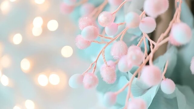 Pastel colored lights create a warm glow as soft blooms are shown up close. The setting has a bright atmosphere with small orbs of light shining in the background
