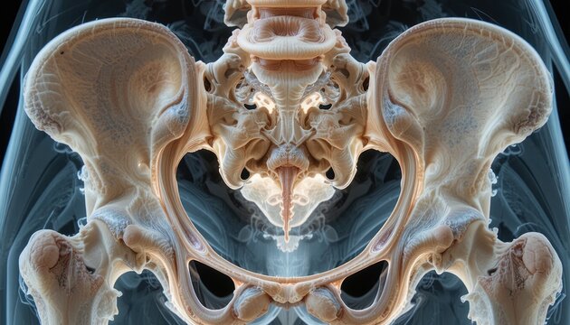 3D medical illustration of human pelvic bones anatomy in blue transparent digital rendering