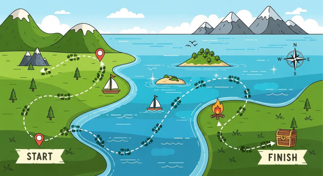 Cartoon Map of a River Journey from Start to Finish.
