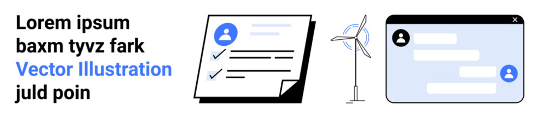 Obraz premium Identity verification, renewable energy, digital communication, online services, paperwork, eco-friendly concepts. Paper document, wind turbine text chat interface. Identity verification