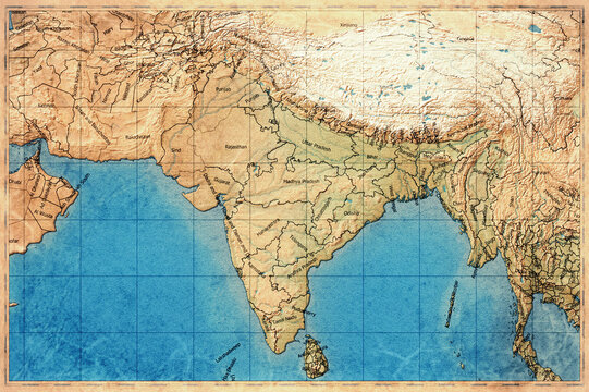 Vintage Map Of South Asia On Retro Paper Background