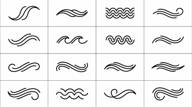 Collection of various wave patterns for design use. The wave designs offer a variety of styles, from simple lines to more elaborate curves