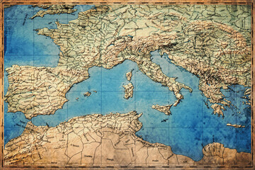 Naklejka premium Vintage Map Of Southern Europe On Retro Paper Background
