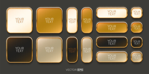 Fototapeta na wymiar Set of elegant golden web buttons and frames. Glossy UI elements with golden borders and various shades.