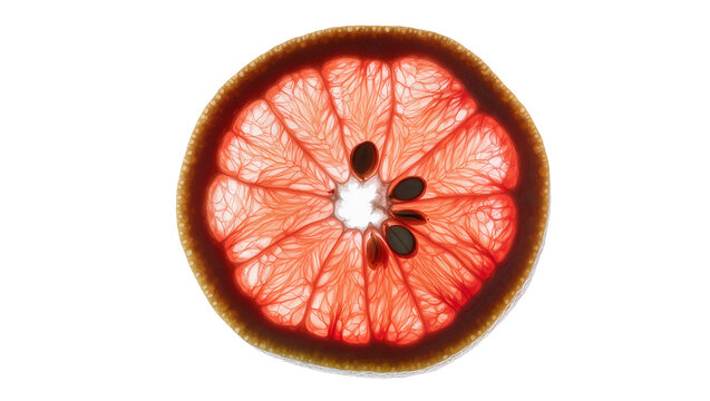 Vibrant red grapefruit slice, backlit to reveal intricate internal structure and dark seeds, isolated on transparent background, a fresh citrus fruit detail