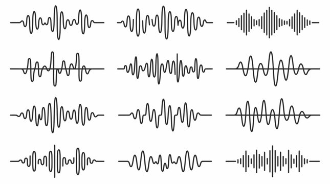 Various line waves or waveforms with different shapes and amplitudes arranged in a grid-like pattern. Illustrating a concept in science, the image is devoid of color.