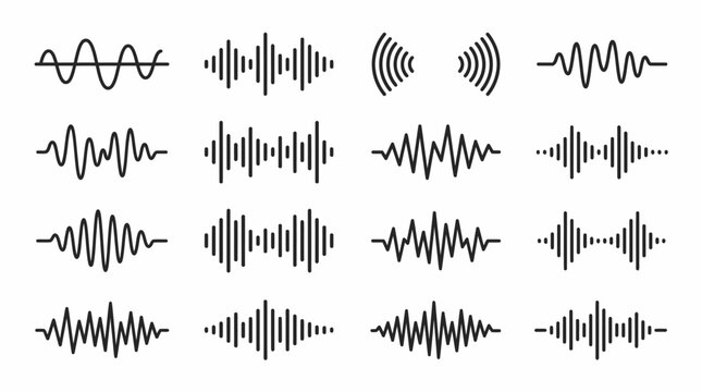Collection of various sound wave patterns, representing frequency and amplitude variations