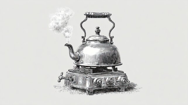 Vintage metal kettle with steam on old gas stove in detailed engraving sketch style on light background