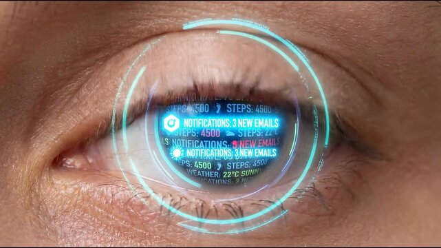 Close-up of an eye digital code concept. Close up of human eye with digital futuristic holographic interface and technology coding reflection