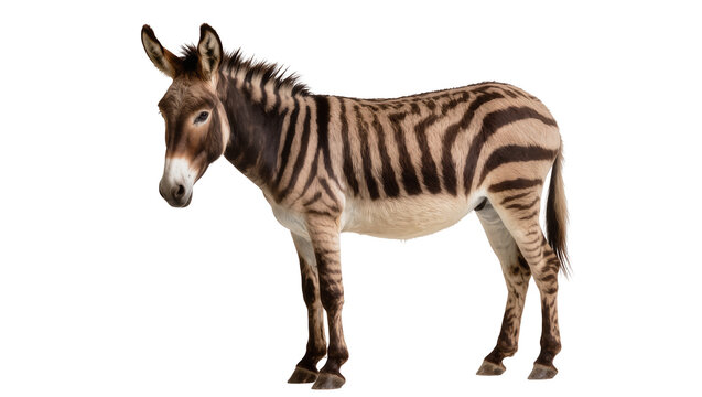 A captivating zonkey, a unique zebra-donkey hybrid, standing gracefully, isolated on a clean background, showing its distinctive stripes