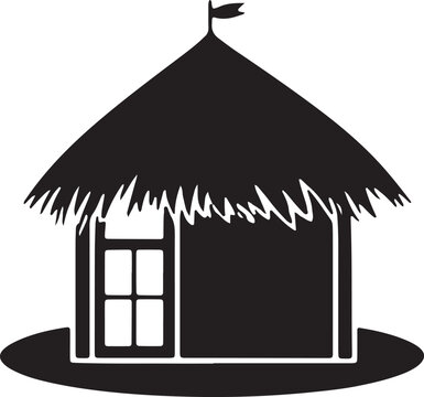 Traditional tropical nipa hut or straw roof shelter silhouette with small window and flag black vector icon.