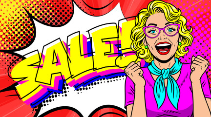 Obraz premium Pop Art Sale Banner with Excited Blonde Woman in Glasses - Retro Comic Book Style Advertisement Happy Shopping and Colorful Halftone Background