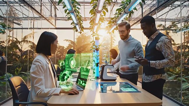 Futuristic Glass Office Inside a Sustainable Greenhouse Environment at Sunset