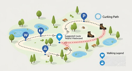 Illustrated map of a park with walking path and points of interest. © Homsul